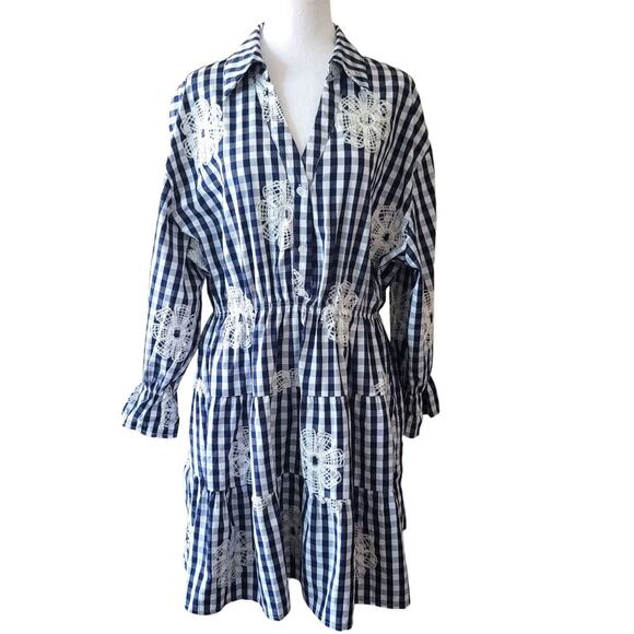 Gracia Floral Navy/White Check Embroidered Mini Dress, Country-Chic, Picnic - Picture 4 of 13